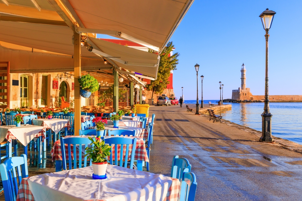 Crete,,Greece.,Restaurants,Of,The,Old,Venetian,Port,Of,Chania.